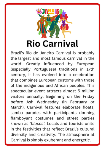 Rio Carnival Information Sheet/Poster/Bulletin Board Ideas – World’s Festivals