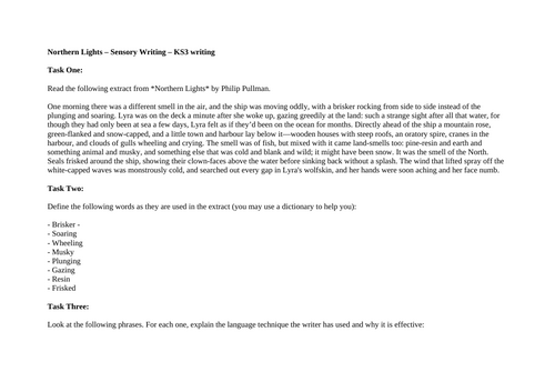 Sensory Writing - Northern Lights  by Phillip Pullman – KS3 writing Worksheet!