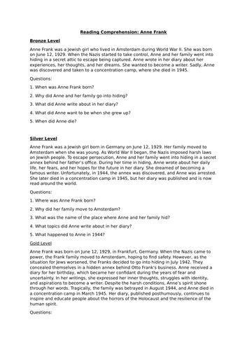 Reading Comprehension - Anne Frank