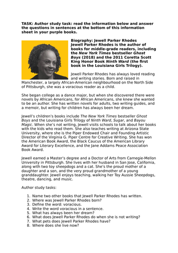 Author Study - Jewell Parker Rhodes Ghost Boys, Black Brother