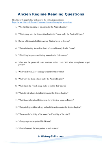 Ancien Regime Reading Questions Worksheet