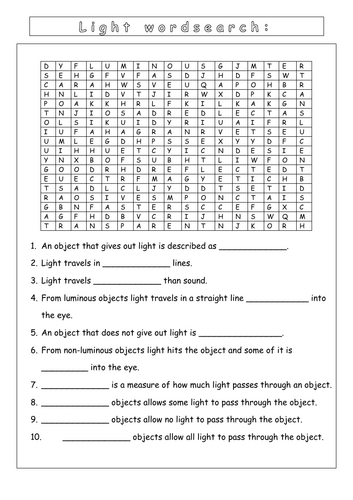 Year 9 - Waves and light - L2 Light Wordsearch