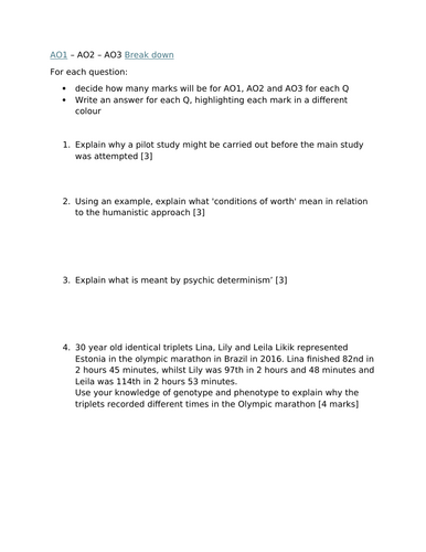 AO1/2/3 practice: AQA Psychology