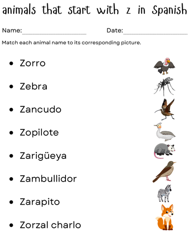 animals that start with the letter z in spanish