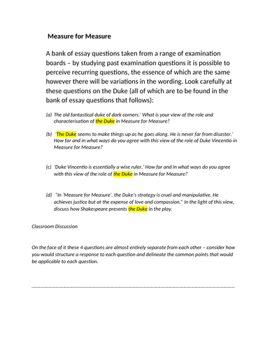 A LEVEL ENGLISH LITERATURE teaching resource: exam questions on "Measure for Measure"