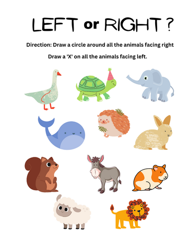 Left and Right Position Activity Worksheets for Grade 1, 2, 3