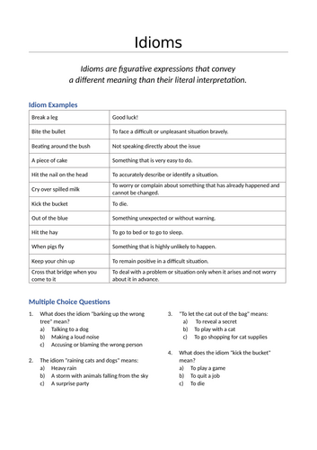 Idioms Worksheet