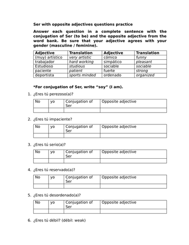 Ser with opposite adjectives questions practice