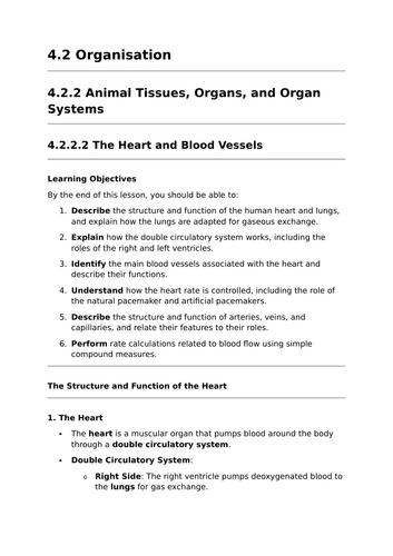 The Heart and Blood Vessels - Lesson for GCSE Biology