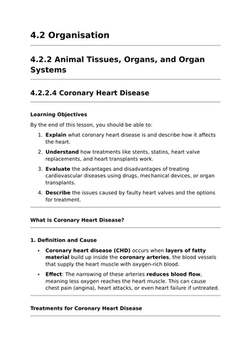 Coronary Heart Disease - Lesson for GCSE Biology