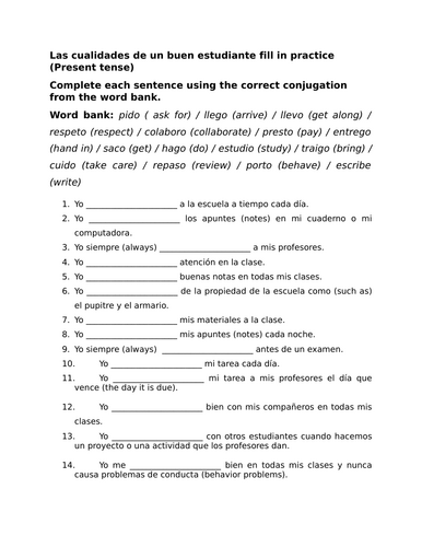 Las cualidades de un buen estudiante fill in practice (Present tense)