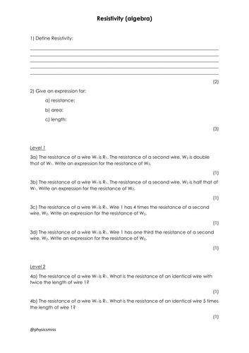 AQA AS Physics Worksheet: RESISTIVITY (algebra)