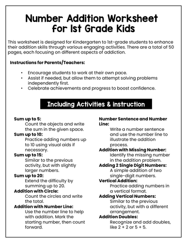 Addition Number Math Worksheets for Grade 1, 2, 3