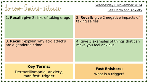 PSHE-KS3- Self Harm, Anxiety and Dermatillomania