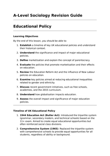 Educational Policy - A-Level Sociology