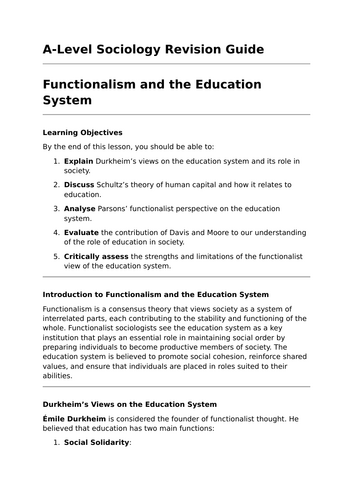 Functionalism and the Education System - A-Level Sociology