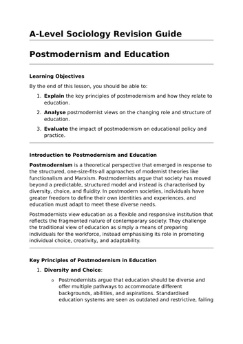 Postmodernism and Education - A-Level Sociology