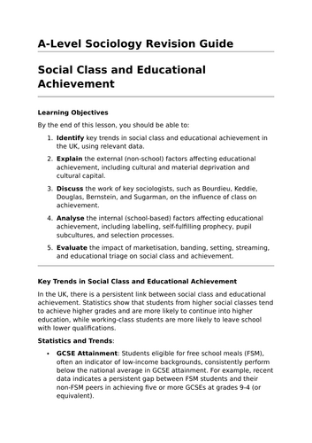 Social Class and Educational Achievement - A-Level Sociology