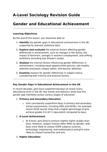 Gender and Educational Achievement - A-Level Sociology