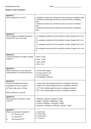 A-level  Chemistry Acids and Redox MCQ