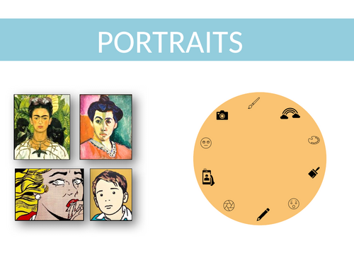 'Portraits' KS3 Unit of work. A 52 page PowerPoint with printable A6 weekly mark slips