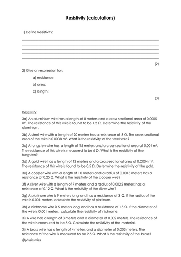 AQA AS Physics Worksheet: RESISTIVITY (calculations) - w solutions