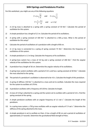 SHM Pendulums & Springs Calculations