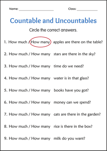 Countable and Uncountable Nouns Sentences Worksheets Grade 2