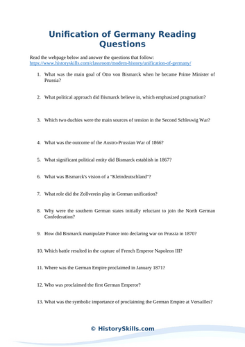 Unification of Germany Reading Questions Worksheet