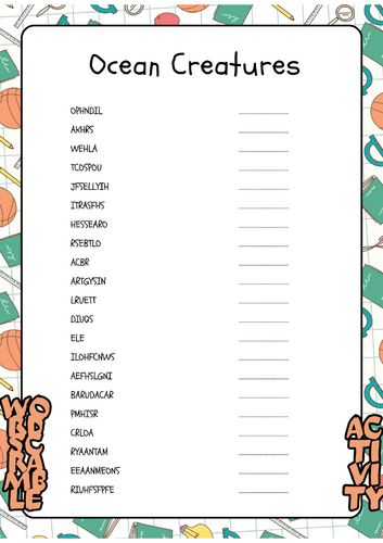 Ocean Creatures - Word Scramble No Prep Activity Printable Worksheet