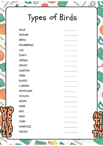 Types of Birds - Word Scramble No Prep Activity Printable Worksheet ...