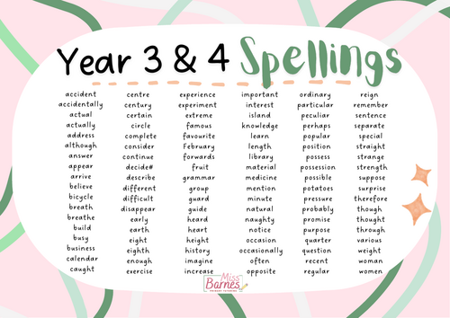 Year 3&4 Common Exception Words/Spellings Word Mat