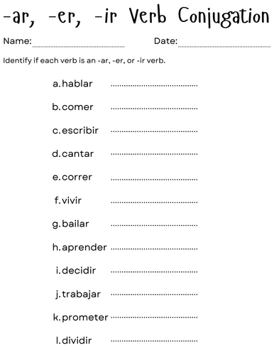 ar er ir verbs in spanish practice worksheet