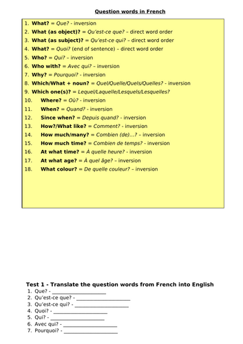 French Question Words Learning Mat and Tests