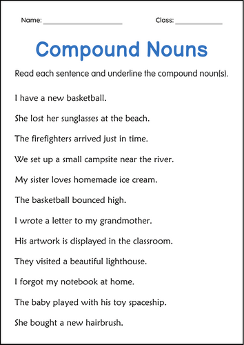 Compound Nouns Grammar Worksheet for Grade 1, 2, 3