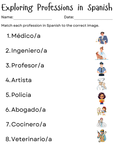 printable professions in spanish worksheet - las profesiones en español