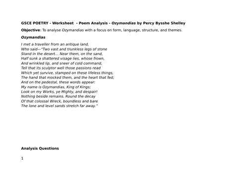 GCSE Poem Analysis - Ozymandias by Percy Bysshe Shelley