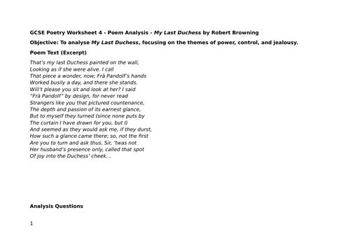 GCSE Poetry - My Last Duchess by Robert Browning | Teaching Resources