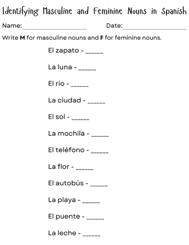 masculine and feminine nouns in spanish worksheet