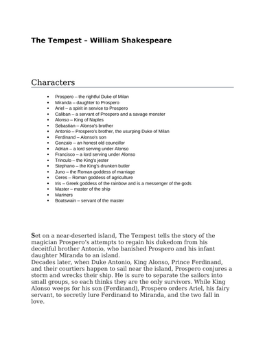 A LEVEL ENGLISH LITERATURE teacher resource: a bank of essay questions "The Tempest"