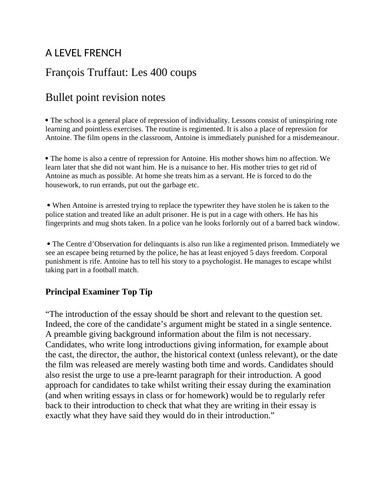 Truffant "Les 400 Coups" A LEVEL FRENCH revision