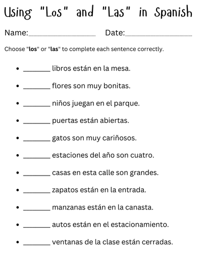 when to use los and las in spanish worksheet