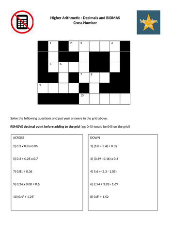 Higher Arithmetic - Decimals and BIDMAS Cross Number