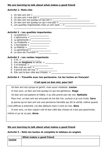GCSE French What Makes A Good Friend (Friendships) Lesson Worksheets