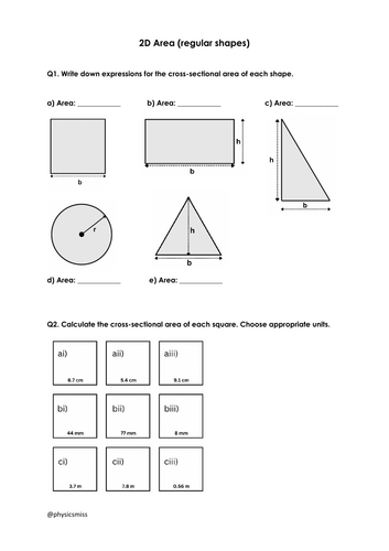 Maths for Physics Worksheets: 2D Area (regular shapes)