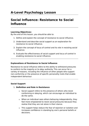 Resistance to Social Influence - A-Level Psychology Lesson