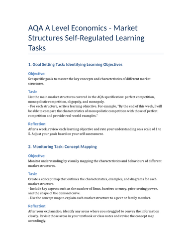 AQA A Level Economics- market structure, self regulated learning checklist