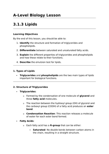 Lipids - A-Level Biology Lesson