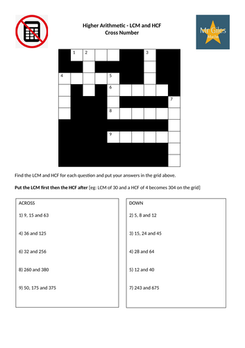 Higher Arithmetic - LCM and HCF Cross Number