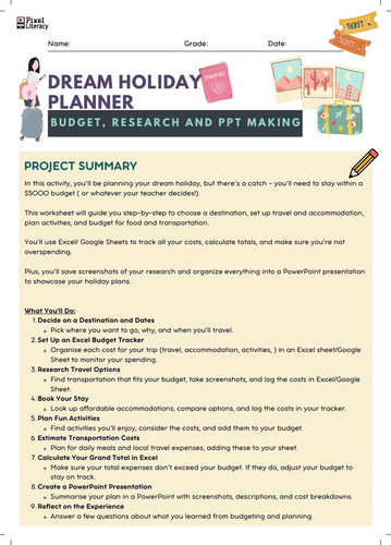 Dream Holiday Planner Project- Budget Excel Sheet, Research and PPT making